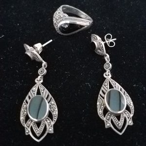 Earrings & ring silver marcasite and onyx